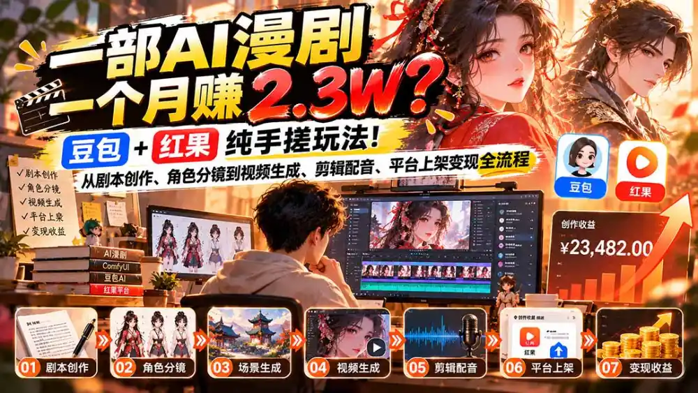 一部AI漫剧一个月赚2.3W？豆包+红果纯手搓玩法！从剧本创作、角色分镜到视频生成、剪辑配音、平台上架变现全流程-一起筹课网