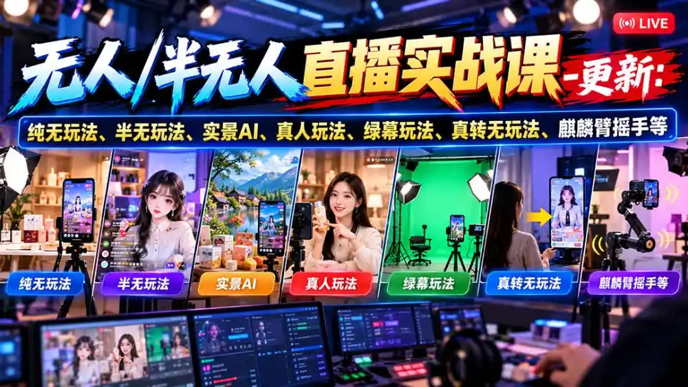 无人/半无人直播实战课-10月20更新：纯无玩法、半无玩法、实景AI、真人玩法、绿幕玩法、真转无玩法、麒麟臂摇手等-一起筹课网