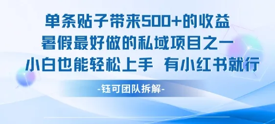 单条贴子带来5张的收益，暑假最好做的私域项目之一，小白也能轻松上手，有小红书就行-一起筹课网