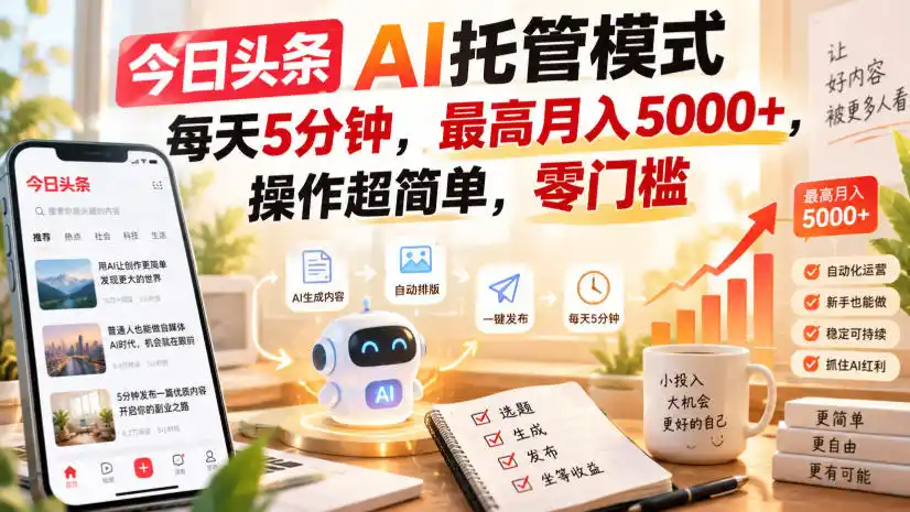 今日头条AI托管模式，每天5分钟，最高月入5000+，操作超简单，零门槛【揭秘】-一起筹课网
