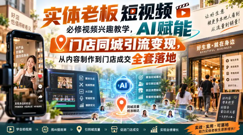 实体老板短视频必修视频兴趣教学，AI赋能门店同城引流变现，AI+短视频+直播打爆实体客流量-一起筹课网