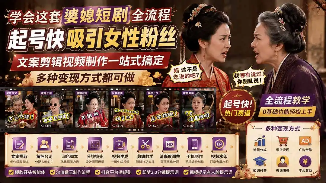 学会这套婆媳短剧全流程：起号快吸引女性粉丝，文案剪辑视频制作一站式搞定，多种变现方式都可做-一起筹课网