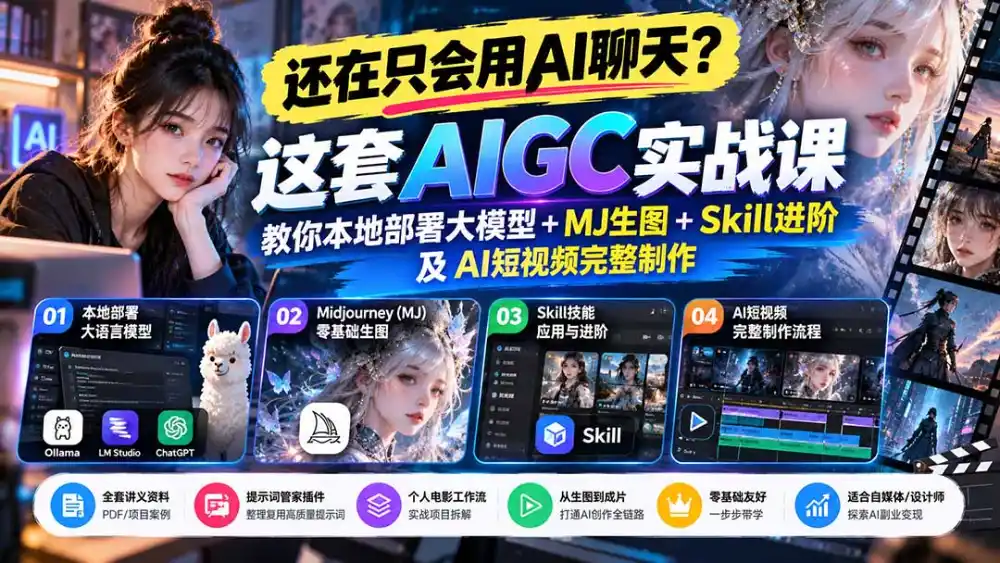 【无水印】还在只会用AI聊天？这套AIGC实战课教你本地部署大模型+MJ生图+Skill进阶及AI短视频完整制作-一起筹课网