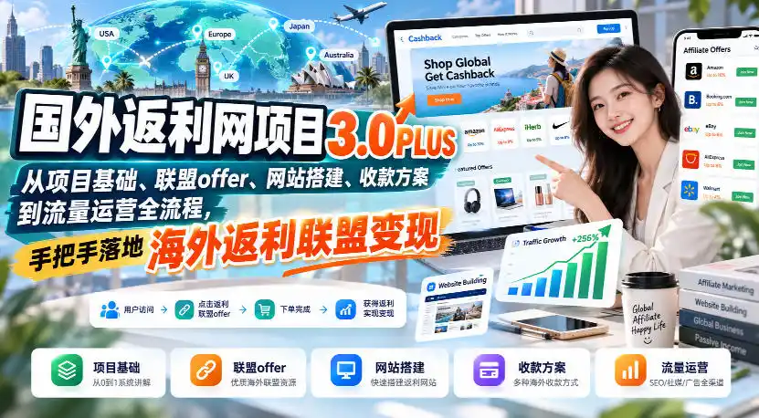 国外返利网项目3.0PLUS，从项目基础、联盟offer、网站搭建、收款方案到流量运营全流程，手把手落地海外返利联盟变现-一起筹课网