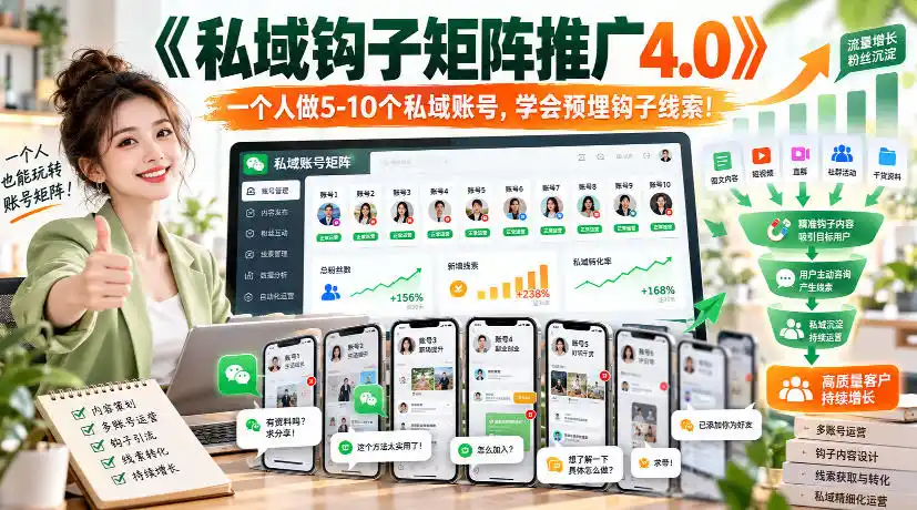 【无水印】《私域钩子矩阵推广4.0》一个人做5-10个私域账号，学会预埋钩子线索！-一起筹课网