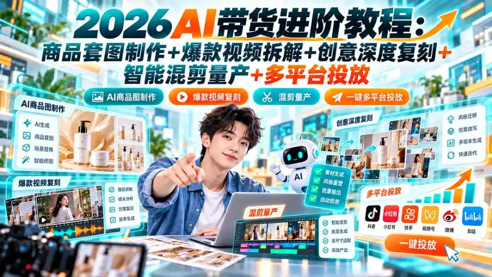 2026AI带货进阶教程：商品套图制作+爆款视频拆解+创意深度复刻+智能混剪量产+多平台投放-一起筹课网
