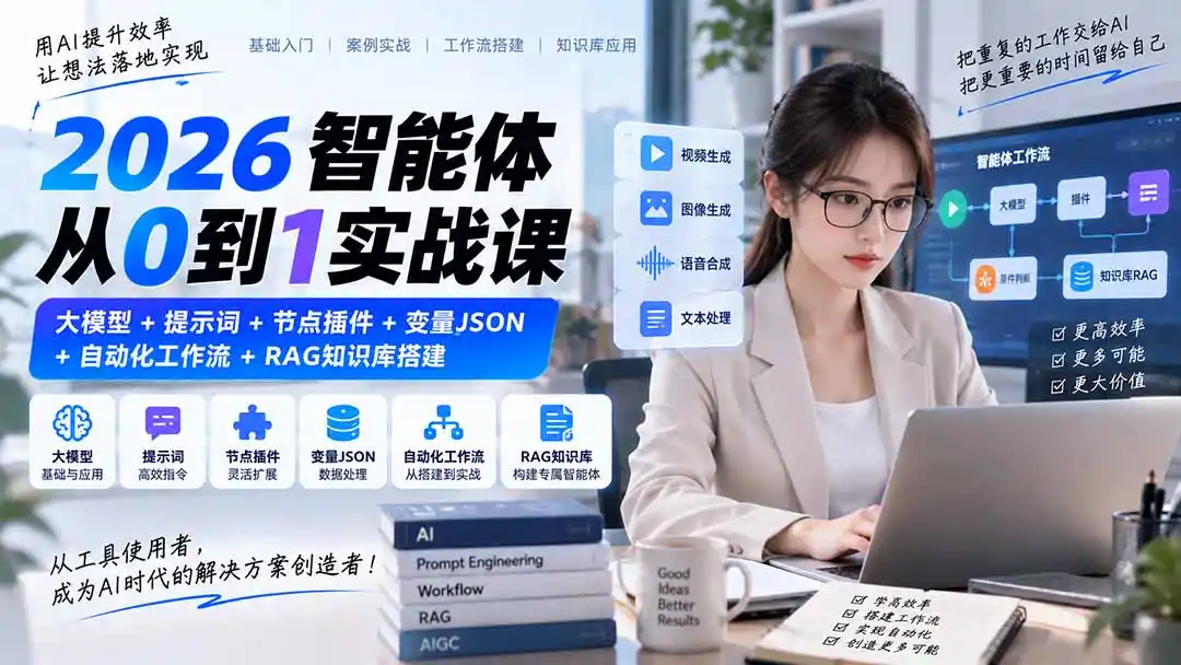 2026智能体从0到1实战课｜大模型+提示词+节点插件+变量JSON+自动化工作流+RAG知识库搭建-一起筹课网