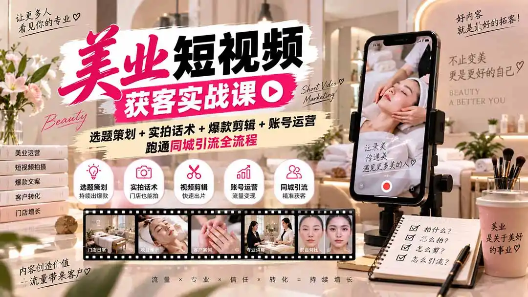 美业短视频获客实战课-无水印：选题策划+实拍话术+爆款剪辑+账号运营，跑通同城引流全流程-一起筹课网