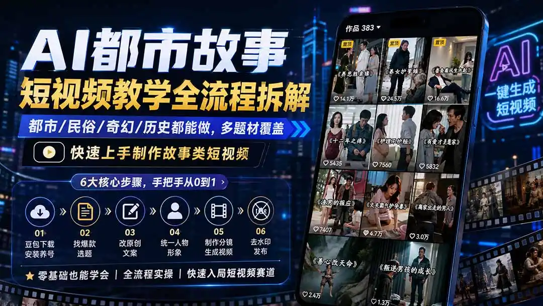 AI都市故事短视频教学全流程拆解；都市/民俗/奇幻/历史都能做多题材覆盖，快速上手制作故事类短视频-一起筹课网