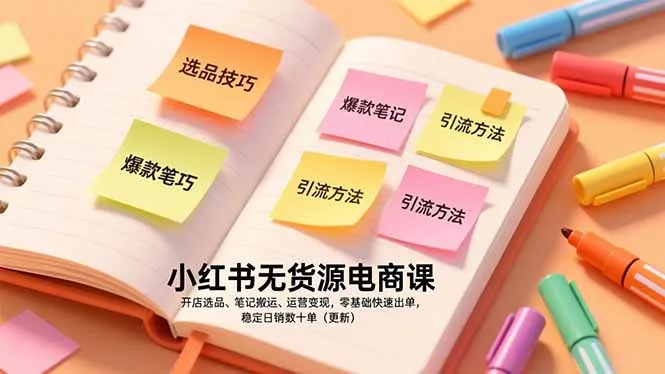 小红书无货源电商课，开店选品、笔记搬运、运营变现，零基础快速出单，稳定日销数十单(更新-一起筹课网
