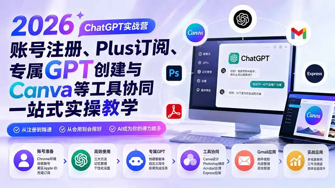 2026 ChatGPT实战营；账号注册、Plus订阅、专属GPT创建与Canva等工具协同一站式实操教学-一起筹课网