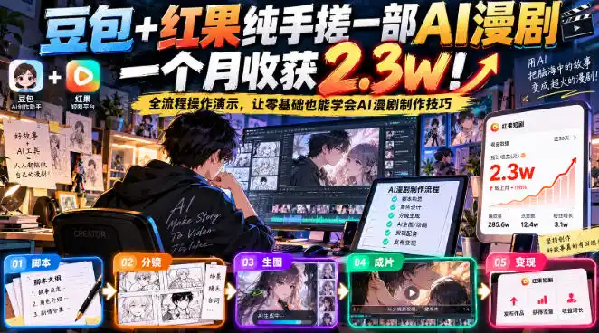 豆包+红果纯手搓一部AI漫剧一个月收获2.3w！全流程操作演示，让零基础也能学会AI漫剧制作技巧-一起筹课网