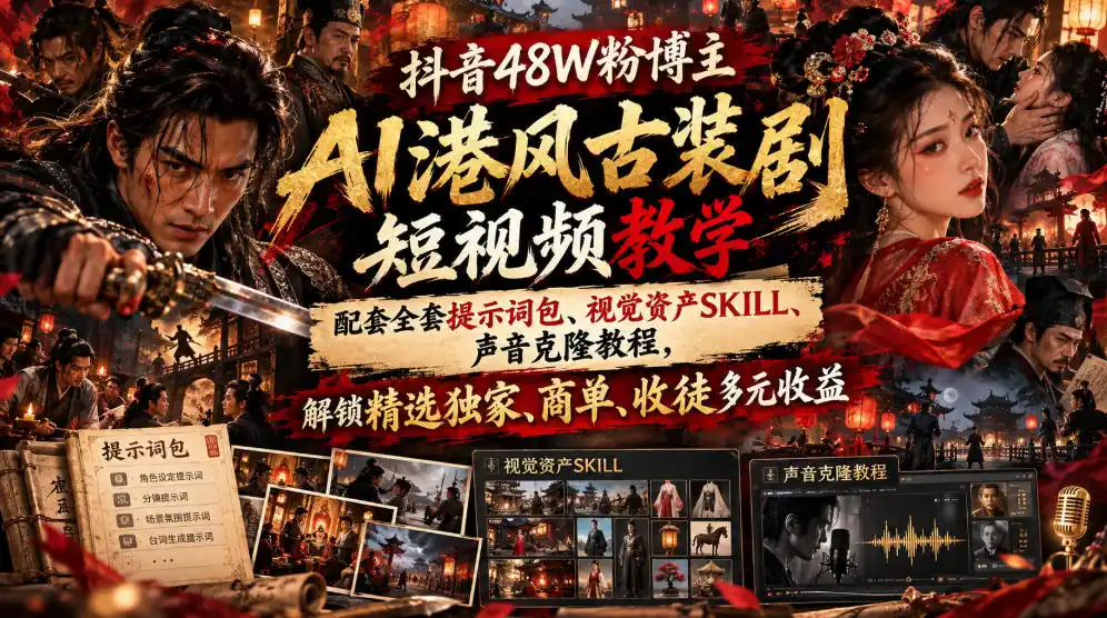 抖音48W粉博主AI港风古装剧短视频教学，配套全套提示词包、视觉资产SKILL、声音克隆教程，解锁精选独家、商单、收徒多元收益-一起筹课网