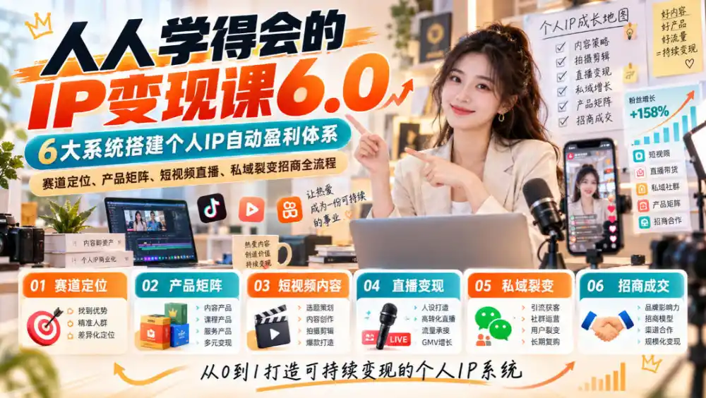 人人学得会的IP变现课6.0，6大系统搭建个人IP自动盈利体系，赛道定位、产品矩阵、短视频直播、私域裂变招商全流程-一起筹课网