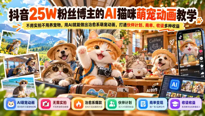 抖音25W粉丝博主的AI猫咪萌宠动画教学，不用实拍不用养宠物，用AI就能做出治愈系萌宠动画，打通伙伴计划、商单、收徒多种收益-一起筹课网