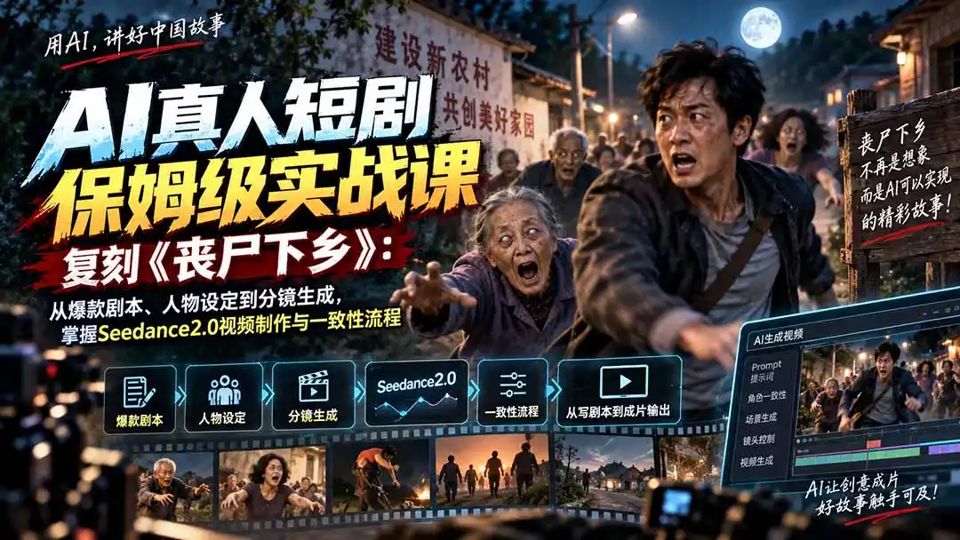 AI真人短剧保姆级实战课，复刻《丧尸下乡》：从爆款剧本、人物设定到分镜生成，掌握Seedance2.0视频制作与一致性流程-一起筹课网