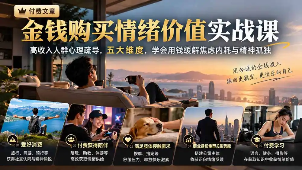 付费文章：金钱购买情绪价值实战课｜高收入人群心理疏导，五大维度，学会用钱缓解焦虑内耗与精神孤独-一起筹课网