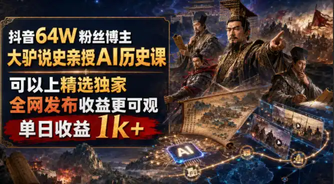 抖音64W粉丝博主大驴说史亲授AI历史课，可以上精选独家，全网发布收益更可观，单日收益1k+(更新)-一起筹课网