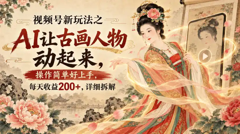 视频号新玩法之AI让古画人物动起来，操作简单好上手，每天收益200+，详细拆解-一起筹课网