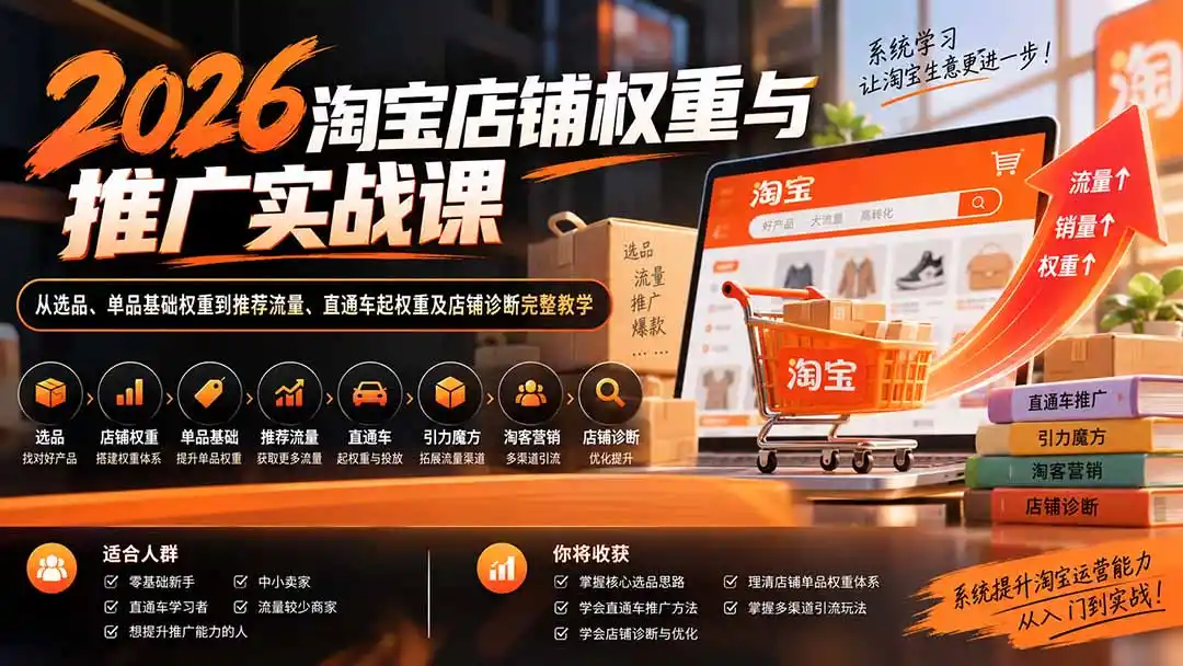 2026淘宝店铺权重与推广实战课：从选品、单品基础权重到推荐流量、直通车起权重及店铺诊断完整教学-一起筹课网