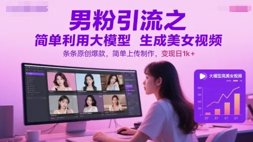 男粉引流之简单利用大模型生成美女视频，条条原创爆款，简单上传制作，变现日1k+-一起筹课网