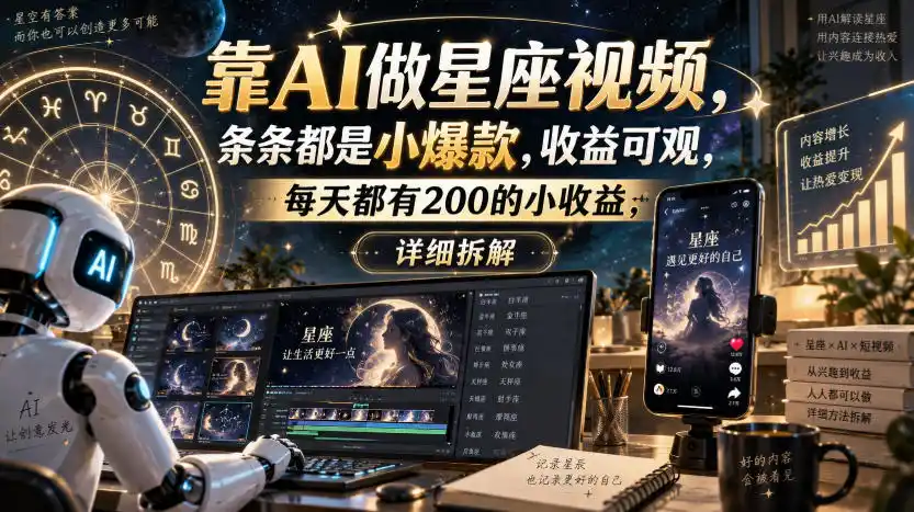 靠AI做星座视频，条条都是小爆款，收益可观，每天都有200的小收益，详细拆解-一起筹课网