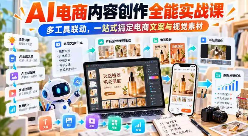【无水印】AI电商内容创作全能实战课｜多工具联动，一站式搞定电商文案与视觉素材-一起筹课网