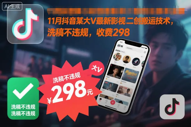 11月抖音某大V最新影视二创搬运技术，洗稿不违规，收费298-一起筹课网