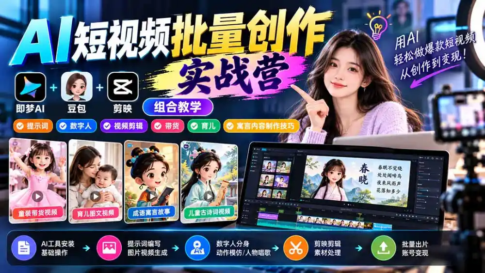 【无水印】AI短视频批量创作实战营：即梦+豆包+剪映组合教学，提示词/数字人/视频剪辑/带货/育儿/寓言内容制作技巧-一起筹课网