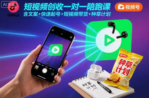 短视频创收一对一陪跑课，含文案+快速起号+短视频带货+种草计划-一起筹课网