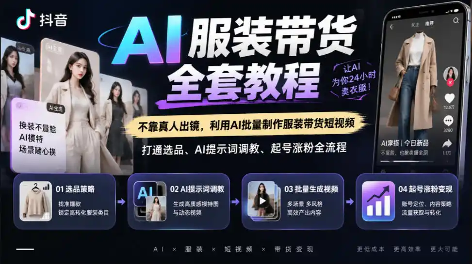 抖音AI服装带货全套教程，不靠真人出镜，利用AI批量制作服装带货短视频，打通选品、AI提示词调教、起号涨粉全流程-一起筹课网