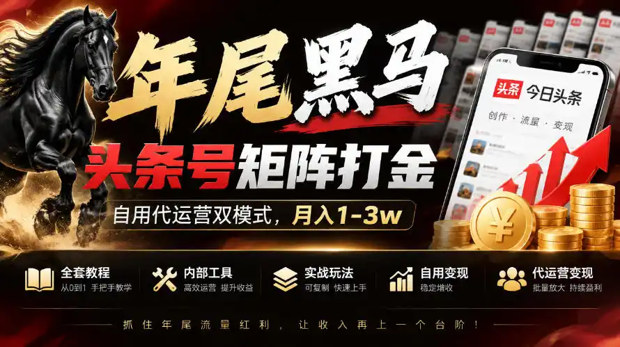 【年尾黑马】头条号矩阵打金，自用代运营双模式，月入1-3w，附全套教程及内部工具【揭秘】-一起筹课网