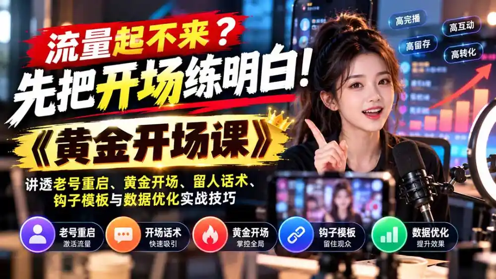 流量起不来？先把开场练明白！《黄金开场课》讲透老号重启、黄金开场、留人话术、钩子模板与数据优化实战技巧-一起筹课网