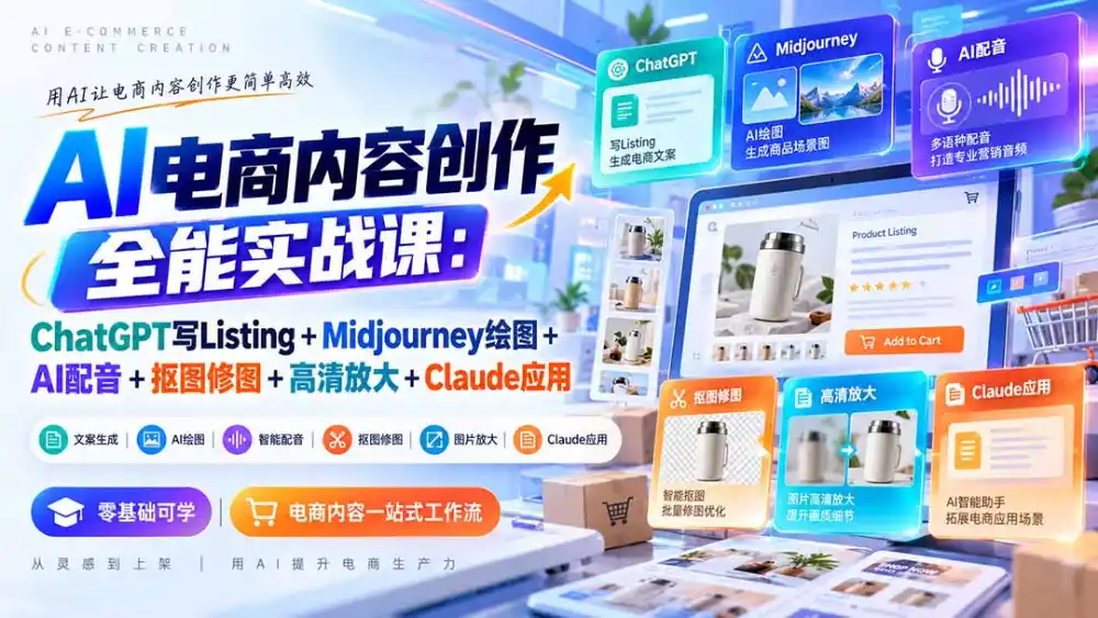 【无水印】AI电商内容创作全能实战课：ChatGPT写Listing+Midjourney绘图+AI配音+抠图修图+高清放大+Claude应用-一起筹课网