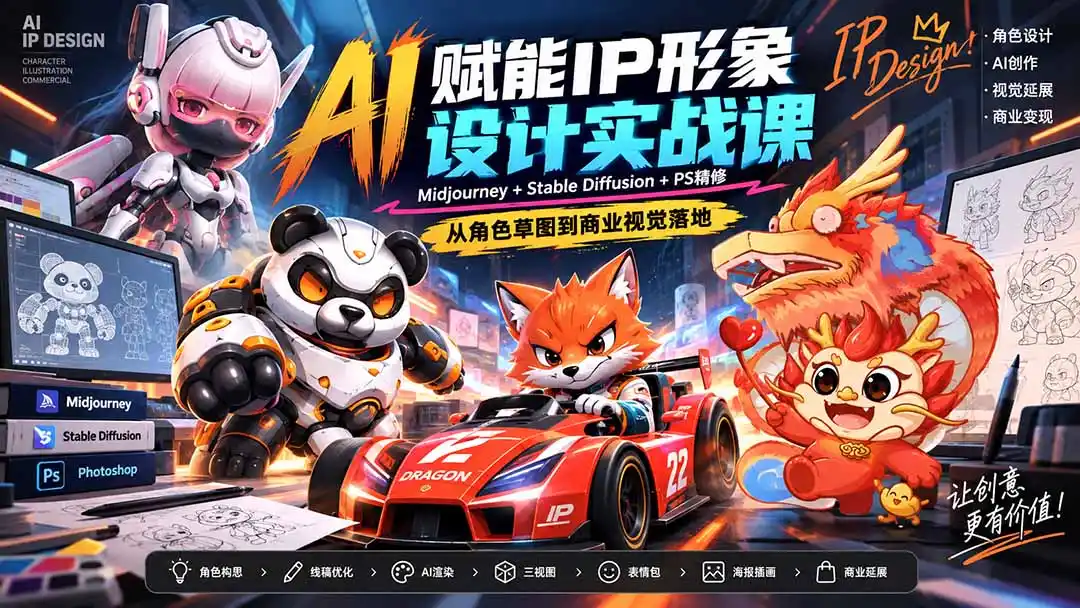 AI赋能IP形象设计实战课-无水印：Midjourney+Stable Diffusion+PS精修，从角色草图到商业视觉落地-一起筹课网