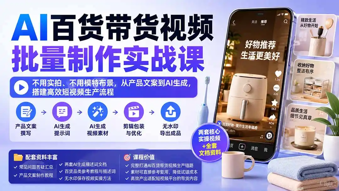 AI百货带货视频批量制作实战课：不用实拍、不用模特布景，从产品文案到AI生成，搭建高效短视频生产流程-一起筹课网