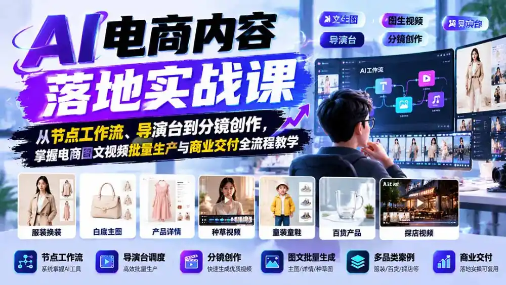 AI电商内容落地实战课：从节点工作流、导演台到分镜创作，掌握电商图文视频批量生产与商业交付全流程教学-一起筹课网