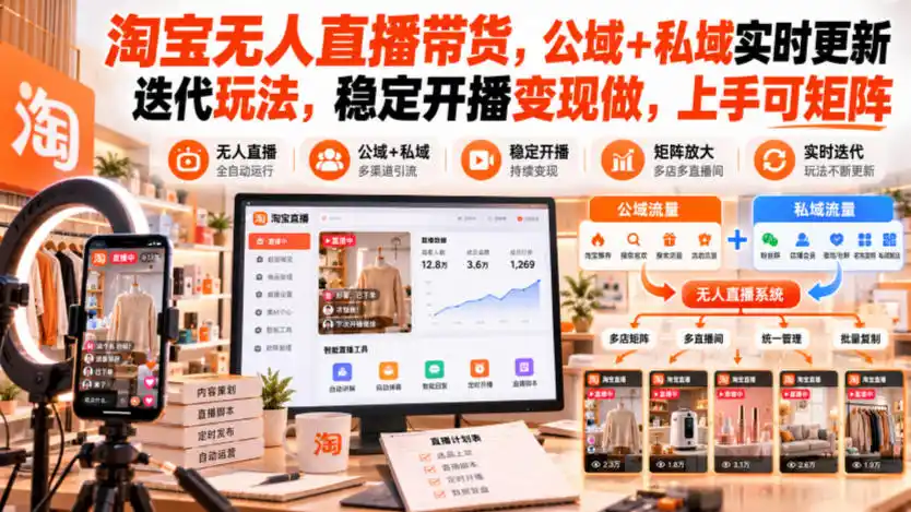 淘宝无人直播带货，公域+私域实时更新迭代玩法，稳定开播变现做，上手可矩阵【揭秘】-一起筹课网