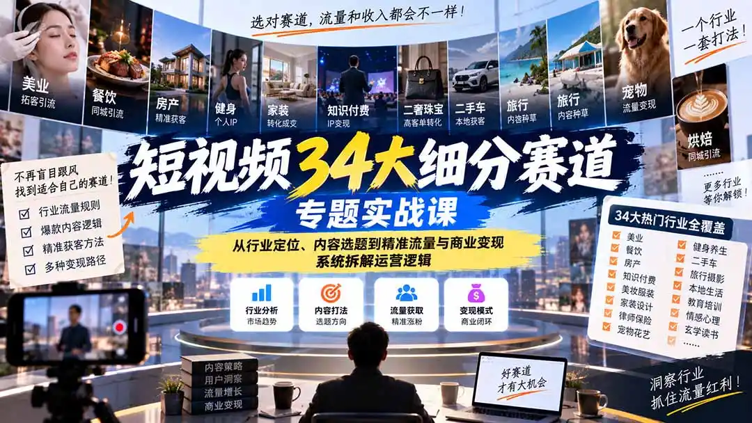 短视频34大细分赛道专题实战课：从行业定位、内容选题到精准流量与商业变现，系统拆解运营逻辑-一起筹课网