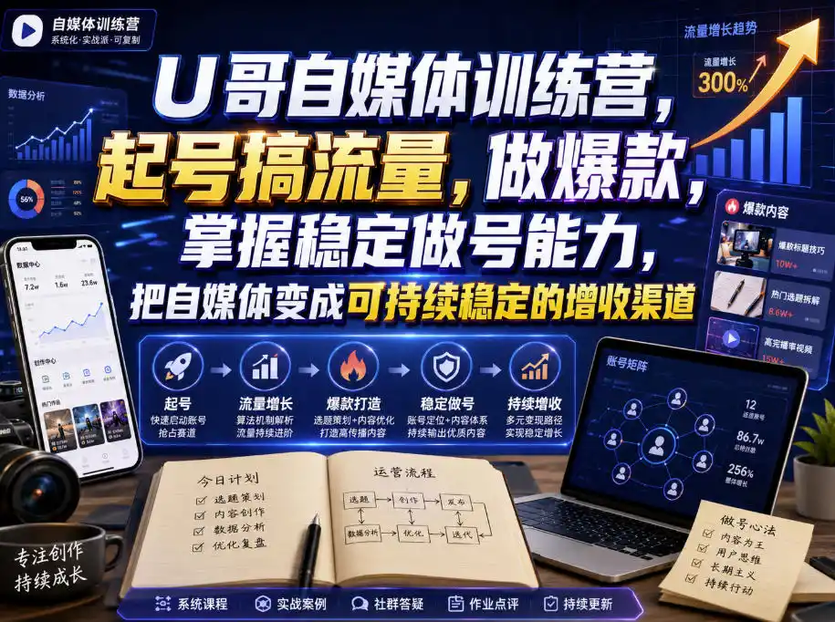 U哥自媒体训练营，起号搞流量，做爆款，掌握稳定做号能力，把自媒体变成可持续稳定的增收渠道-一起筹课网