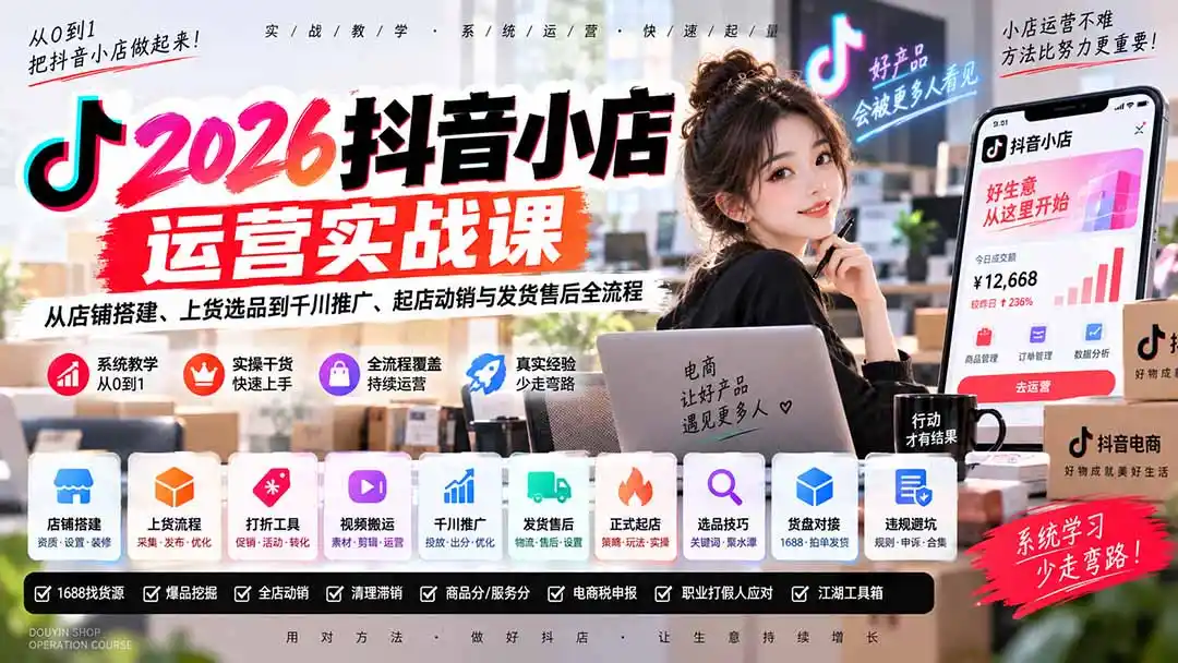 2026抖音小店运营实战课｜从店铺搭建、上货选品到千川推广、起店动销与发货售后全流程-一起筹课网