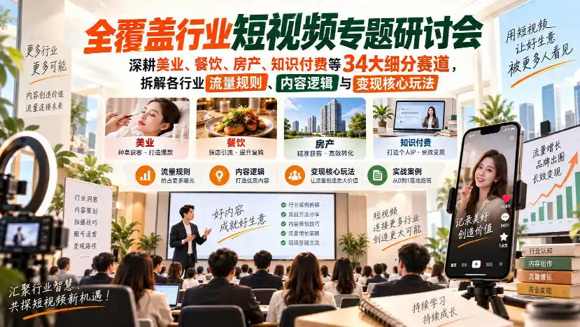 短视频专题研讨会，深耕美业、餐饮、房产、知识付费等34大细分赛道，拆解各行业流量规则、内容逻辑与变现核心玩法-一起筹课网