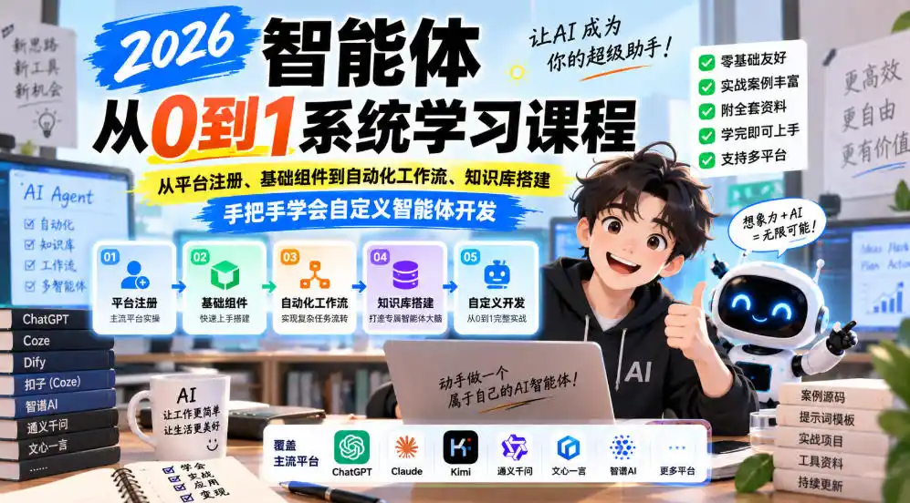 2026智能体从0到1系统学习课程，从平台注册、基础组件到自动化工作流、知识库搭建，手把手学会自定义智能体开发-一起筹课网