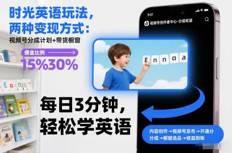 时光英语玩法,两种变现方式:视频号分成计划+带货橱窗-一起筹课网