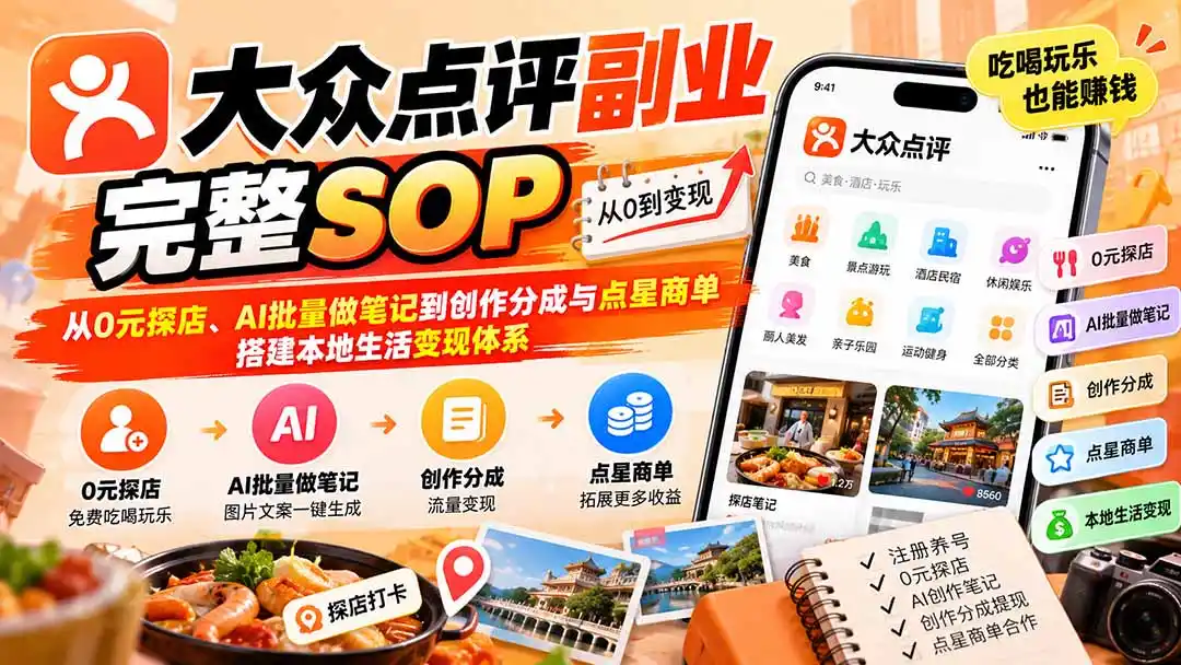 【无水印】大众点评副业完整SOP：从0元探店、AI批量做笔记到创作分成与点星商单，搭建本地生活变现体系-一起筹课网