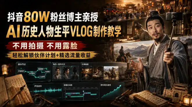 抖音80W粉丝博主的AI历史人物生平VLOG教学，不用拍摄不用露脸，AI帮你搞定，轻松解锁伙伴计划+精选收益-一起筹课网