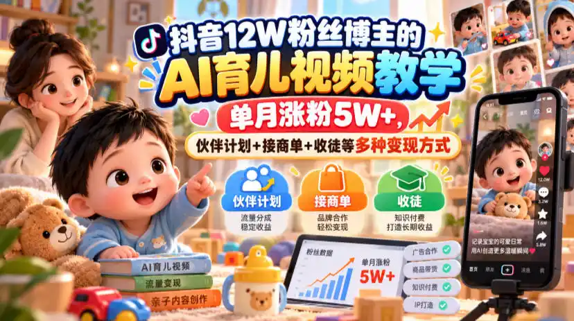 抖音12W粉丝博主的AI育儿视频教学，单月涨粉5W+，伙伴计划+接商单+收徒等多种变现方式-一起筹课网
