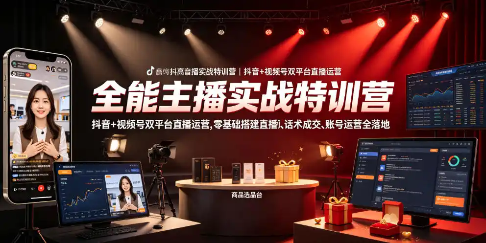 全能主播实战特训营|抖音+视频号双平台直播运营,零基础搭建直播间、精准选品、话术成交、账号运营全落地-一起筹课网