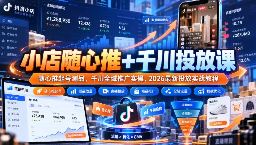 小店随心推+千川投放课｜随心推起号测品，千川全域推广实操，2026最新投放实战教程-一起筹课网
