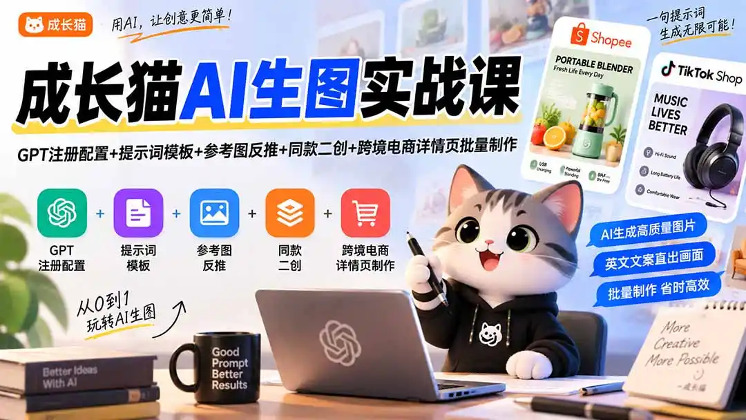 成长猫AI生图实战课｜GPT注册配置+提示词模板+参考图反推+同款二创+跨境电商详情页批量制作-一起筹课网
